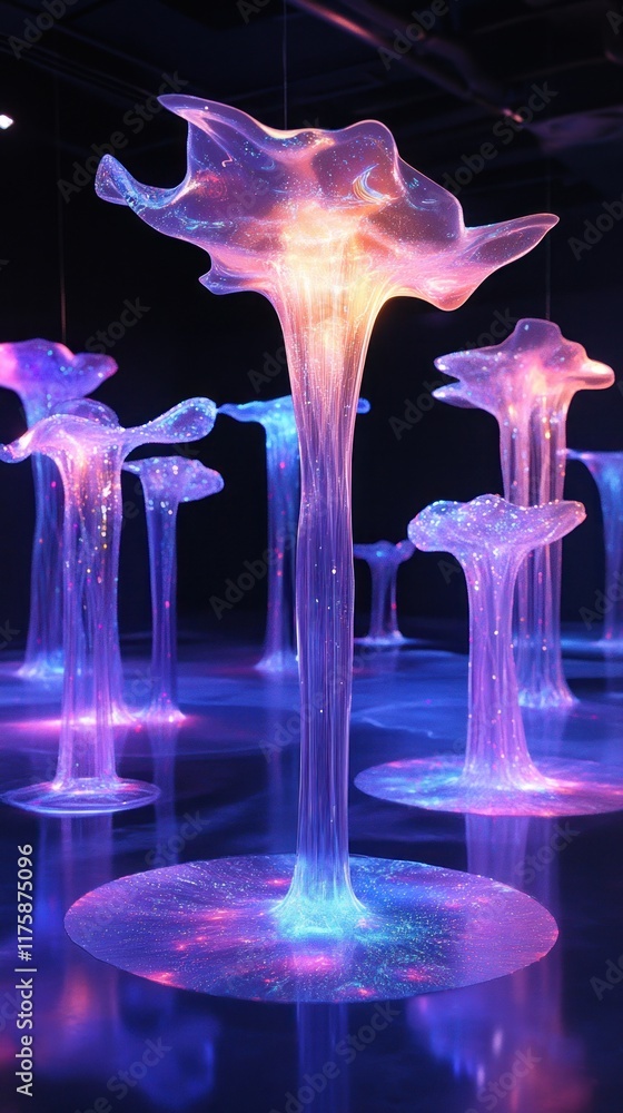 Poster ethereal luminescent sculpture installation with fluid forms and colorful lights in a modern art gal