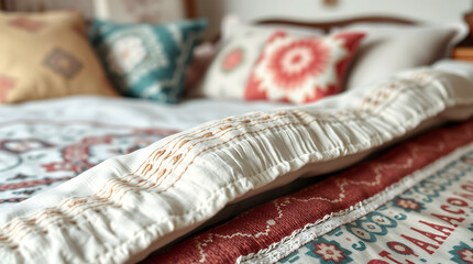 Obraz premium Close-up view of a bed with a cream-colored textured comforter and patterned pillows in various colors including red, teal, and beige. The bedding shows intricate designs and textures.