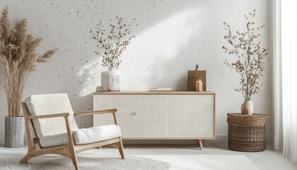 Minimalist living room with armchair, sideboard, and dried flowers.