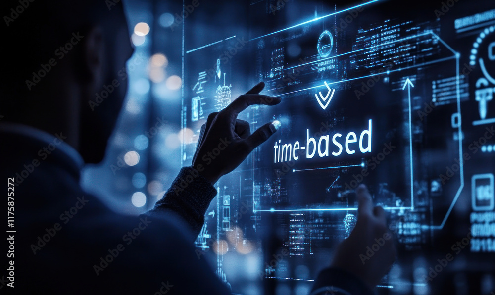 Poster man interacts with futuristic time-based interface.