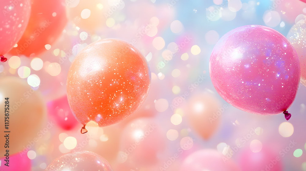 Poster colorful balloons float gracefully in a dreamy background filled with sparkling bokeh light, creatin