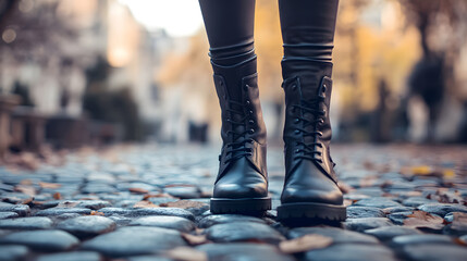 Black leather boots stand prominently on a cobblestone path surrounded by autumn leaves, evoking a sense of style and exploration in a picturesque setting