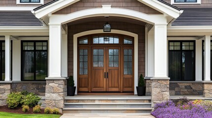 Obraz premium grand entrance, ornate double doors, arched doorway, stone facade, symmetrical design, potted purple flowers, manicured landscaping, residential architecture, elegant home exterior, warm lighting, wel