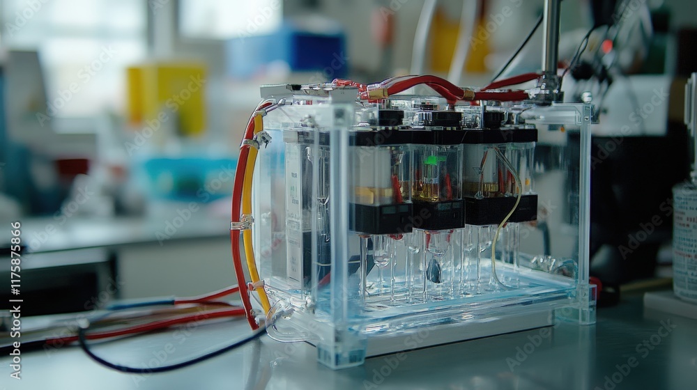 Poster advanced laboratory setup featuring transparent electrochemical cell with colorful liquids and compl