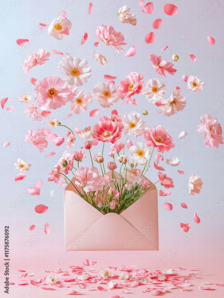 Poster Colorful flowers burst from an envelope creating a whimsical and vibrant display in a pastel setting. Generative AI
