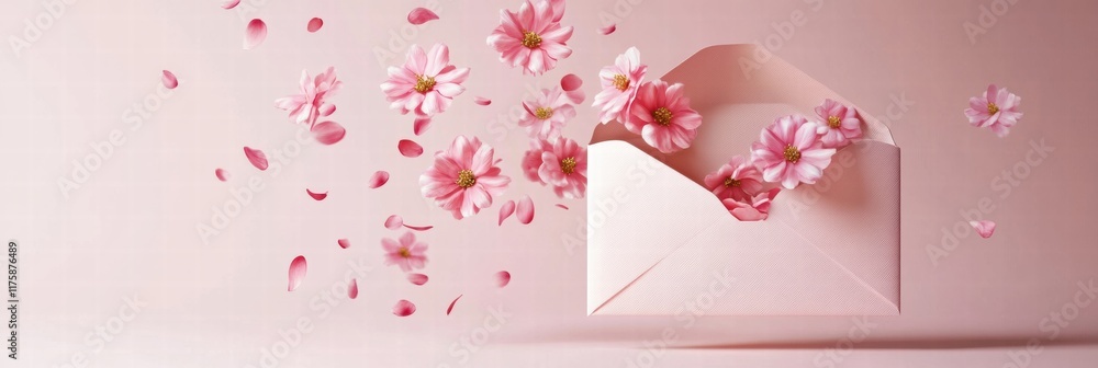 Aufkleber Flowers and petals emerging from an open envelope against a soft pink background. Generative AI