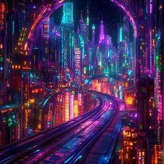 Obraz premium neon city nightscape with glowing urban silhouette