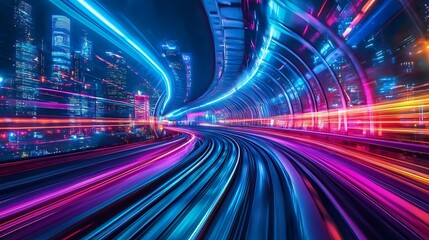 Fototapeta premium neon lights illuminate train tracks in futuristic cityscape