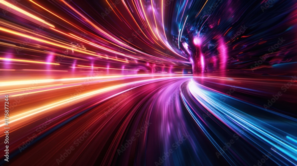 Poster fast motion blur through a vibrant tunnel with colorful light trails, creating a sense of speed and 