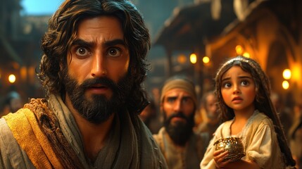 Fototapeta premium Animated characters, surprised expressions, marketplace scene, background lights, possible use for movie poster, children's movie