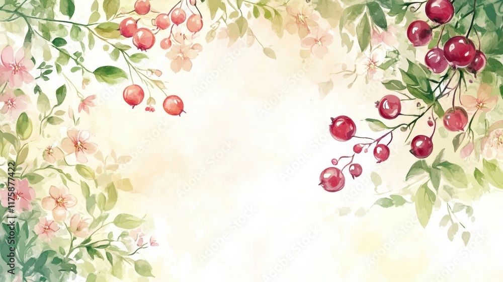 Poster hand drawn doodle featuring vibrant berries and soft blossoms in an enchanting natural setting. gene