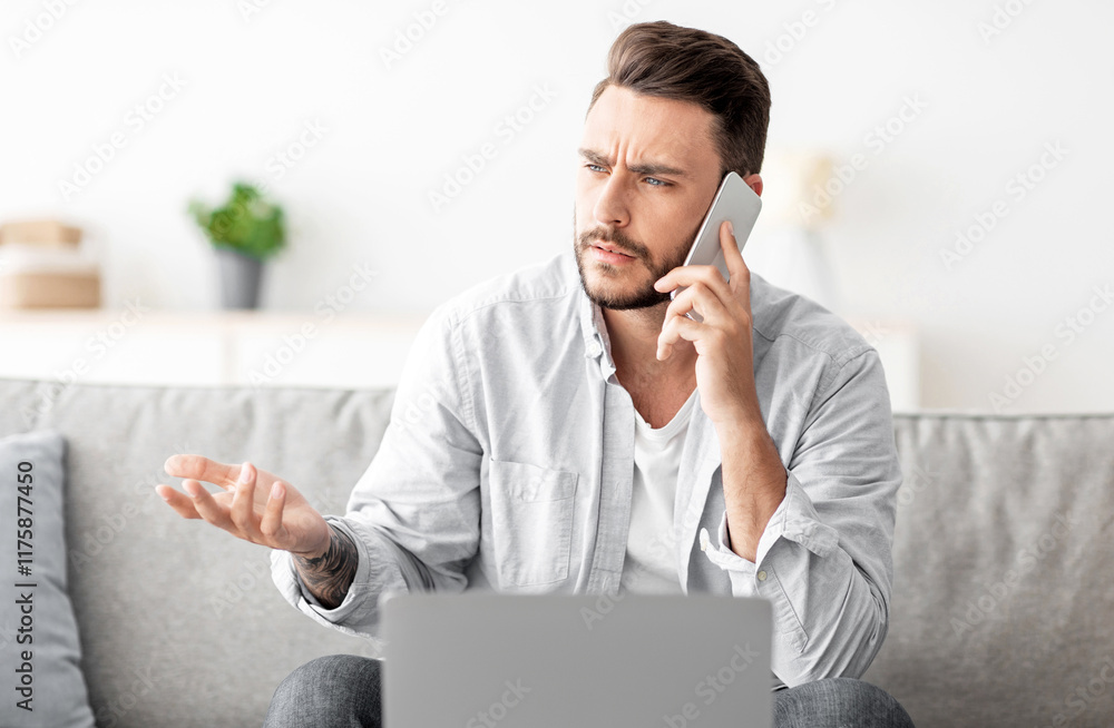 Poster unpleasant call. worried freelancer having problems with internet connection while working on laptop