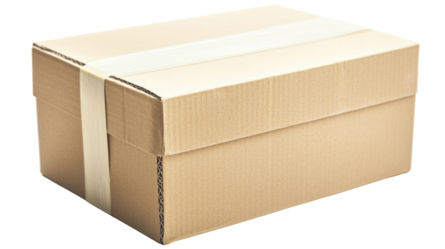 Cardboard box securely closed with adhesive tape, isolated on transparent background