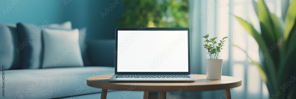 Poster laptop computer displaying a blank screen on a small table beside a houseplant, set in a cozy living