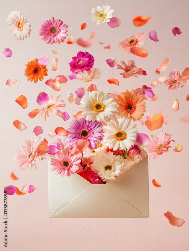 Poster colorful flowers and petals emerging from an open envelope create a joyful display of natures beauty