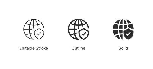 Website globe icon and shield check mark icon symbol. Global web security protection sign. EDITABLE STROKE ICON. outline and filled web icons vector sign