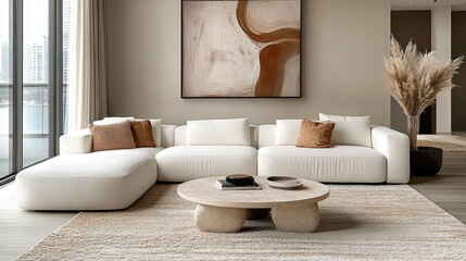 Modern minimalist living room, cream L-shaped sofa, round coffee tables, abstract wall art, neutral color palette, natural light, wooden floor, textured rug, dried pampas grass, sculptural decor, clea