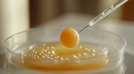 Close-up macro view of a single female ovum in a petri dish with a needle poised for IVF treatment symbolising life creation hope medical innovation fertility science precision and new beginnings

