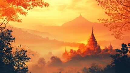 Majestic sunset over iconic pagodas and stupas amidst misty mountains in the serene mystical landscape of Myanmar