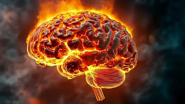 A striking image of a glowing brain enveloped in flames, representing intense creativity and passion. The vibrant fire contrasts with the brain's detailed structure, evoking strong emotions and
