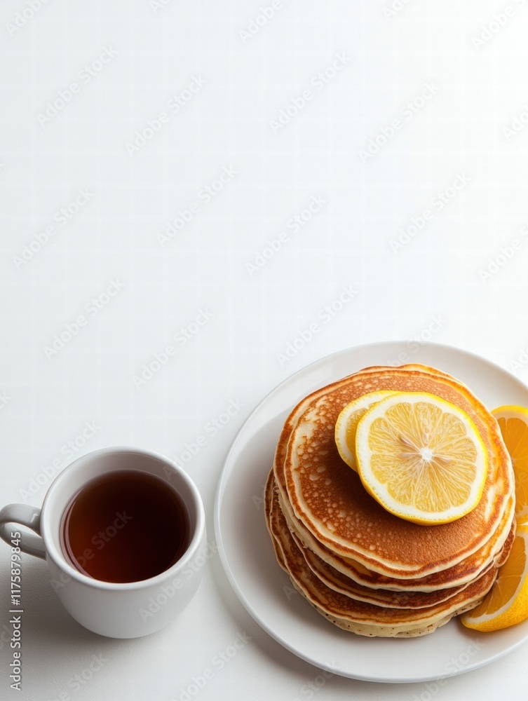 Aufkleber delicious pancakes topped with fresh lemon slices served with a warm cup of tea for a perfect breakf