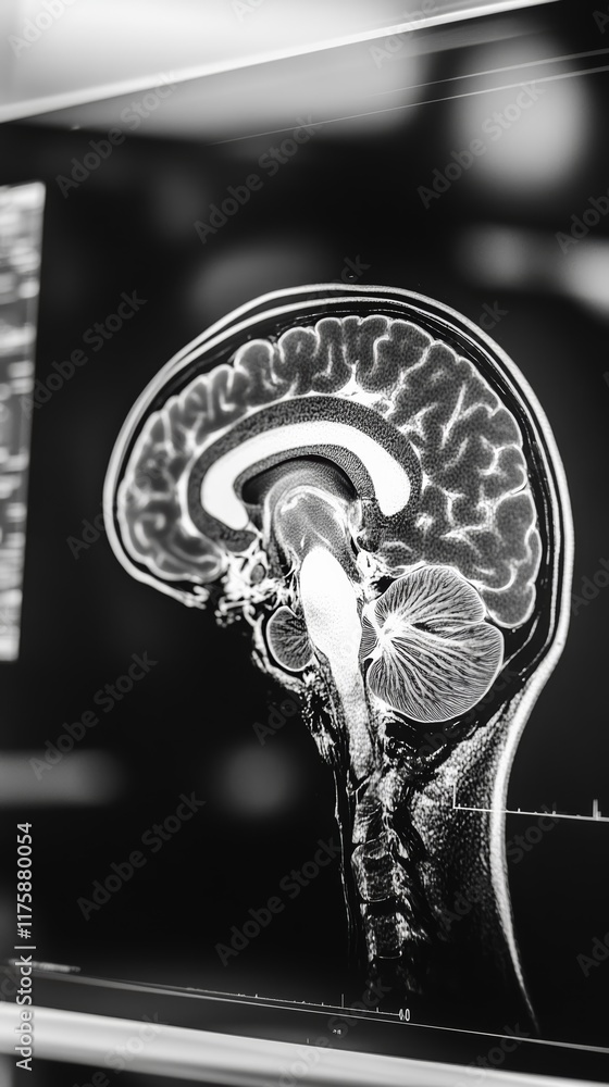Poster black and white mri scan of a human brain in sagittal section, displaying intricate details of its s
