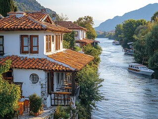 Obraz premium Stunning Wide Shot Photo: Picturesque Riverfront Houses on a Sunny Day. AI Generated