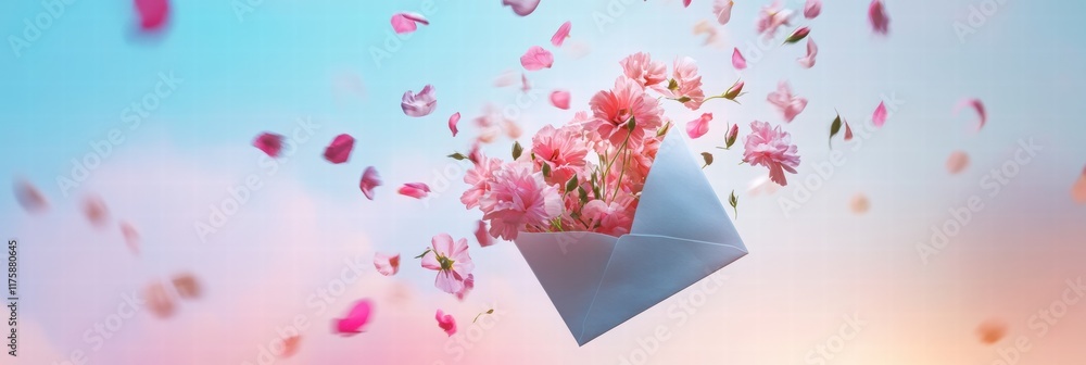 Fototapete flowers burst from an envelope, creating a vibrant display in a dreamy sky. generative ai