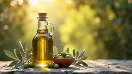 olive oil in a bottle and olives on a stone table
