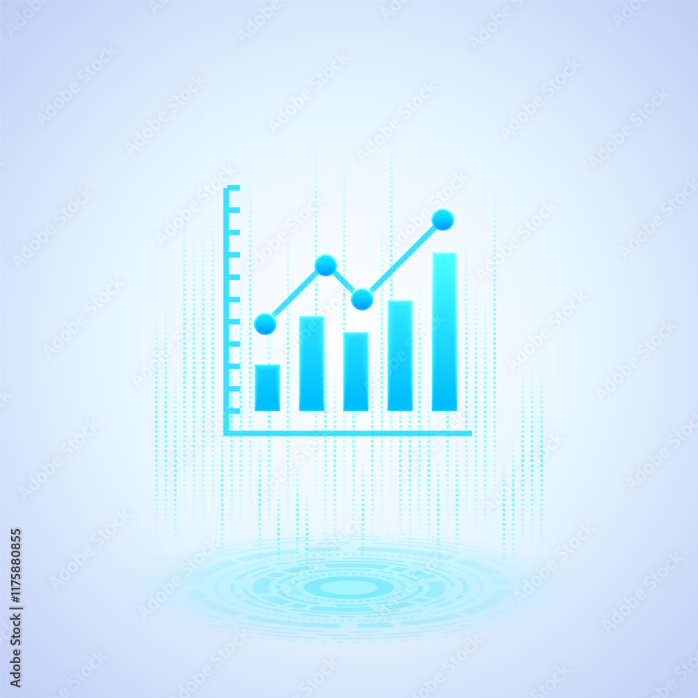 Poster business icon. bar chart with five vertical bars of varying heights, each connected by a line graph 