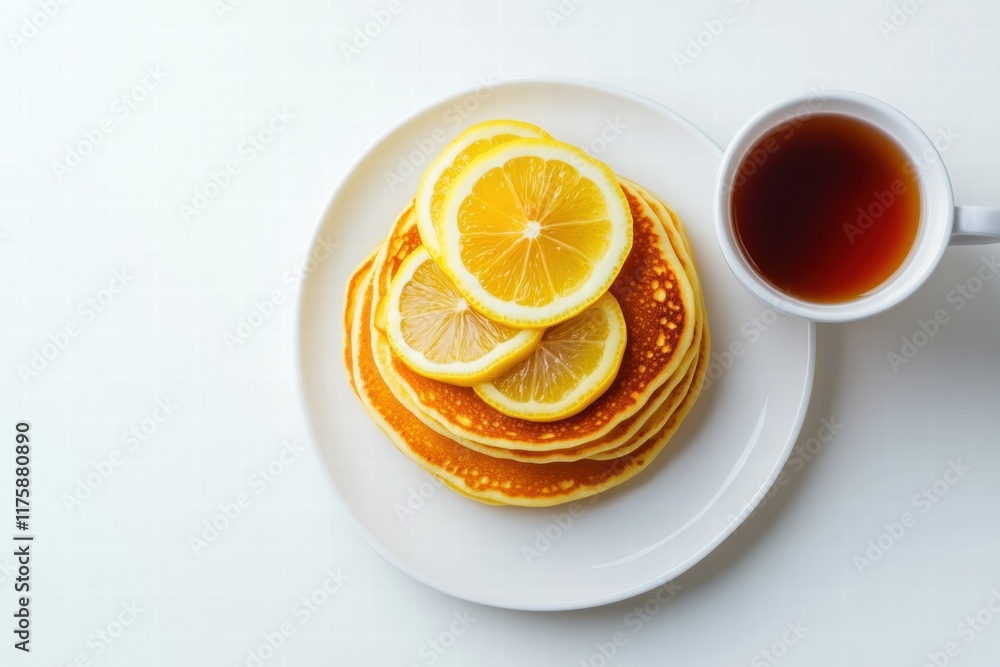 Poster Stack of fluffy pancakes topped with fresh lemon slices served with a cup of tea on a white table. Generative AI