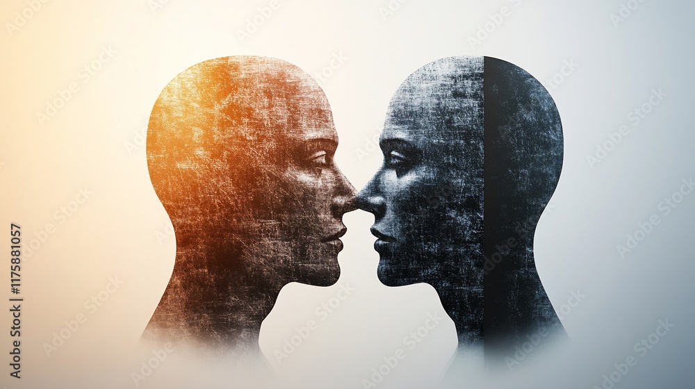 Poster two abstract human figures facing each other, symbolizing connection and introspection.