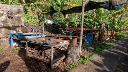 An outdoor workspace with rustic metal tables, tools, and machinery, shaded by a canopy. Surrounded by banana trees, the scene combines agriculture with industrial functionality.