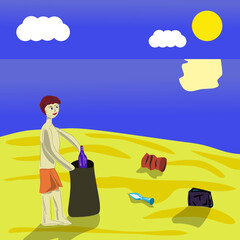 Vector illustration of a man picking up trash on a sandy beach. Young activist picking up trash. Sky, sea, sun, sandy beach, environment, ecology, earth protection.