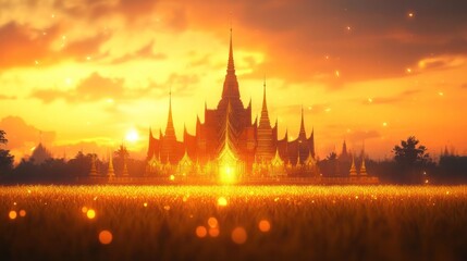 Fototapeta premium Magnificent Buddhist temple with ornate spires and towers silhouetted against a dramatic glowing sunset sky in a serene enchanting landscape of lush trees and a grassy field The scene has a mystical