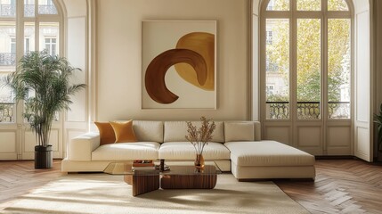 Bright modern living room, large arched windows, natural light, minimalist white sofa, wooden coffee table, abstract yellow artwork, potted palm plant, neutral color palette, high ceilings, hardwood f