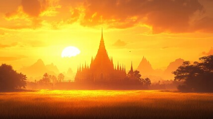 Dramatic and vibrant sunset over the majestic silhouette of a Buddhist temple complex against the colorful sky in a tranquil natural landscape in Thailand