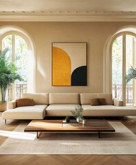 Bright modern living room, large arched windows, natural light, minimalist white sofa, wooden coffee table, abstract yellow artwork, potted palm plant, neutral color palette, high ceilings, hardwood f
