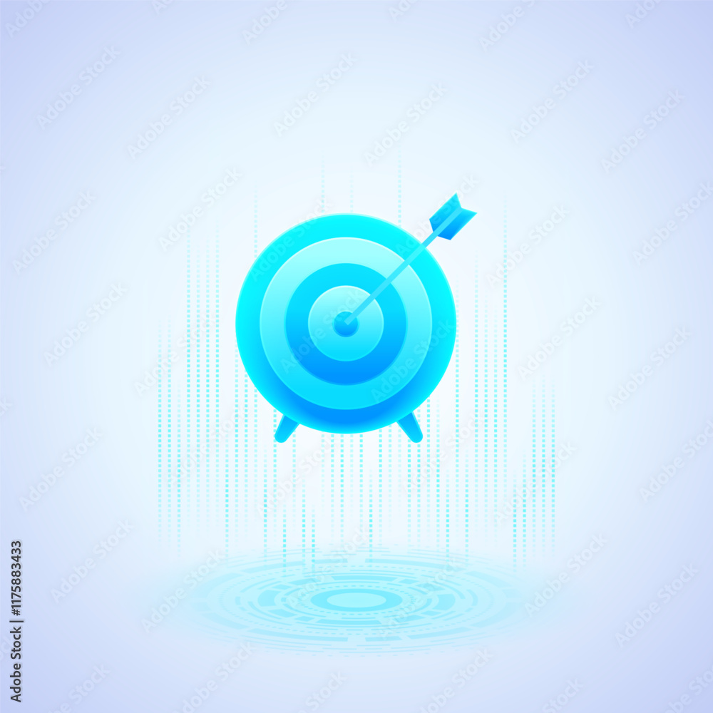 Poster a blue bullseye target with an arrow in the center. the target has concentric circles and stands on 