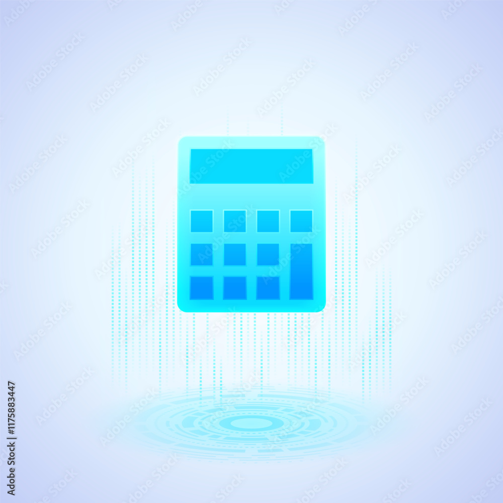 Poster business icon depicting a blue calculator with a digital, futuristic design. the calculator has a re