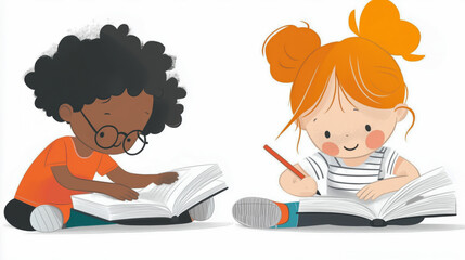 Two children are sitting on the floor reading a book