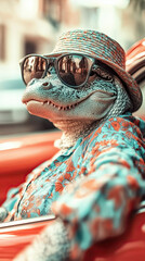 A cocodrile wearing sunglasses and a hat is sitting in a car