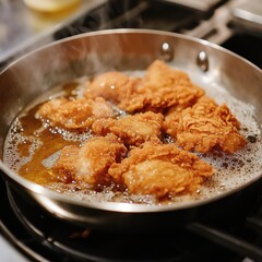 Crispy fried chicken pieces sizzling in a hot pan on the stove.