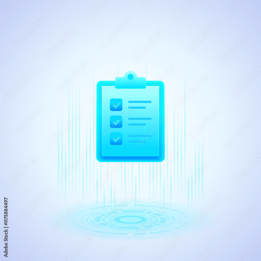 Poster glowing blue clipboard with three checkmarks and lines representing text hovers above a digital plat
