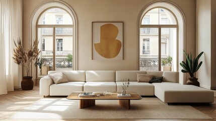 Modern minimalist living room, arched windows, natural light, beige sectional sofa, abstract circular artwork, wooden floors, potted plants, neutral color palette, spacious interior, clean lines, cozy