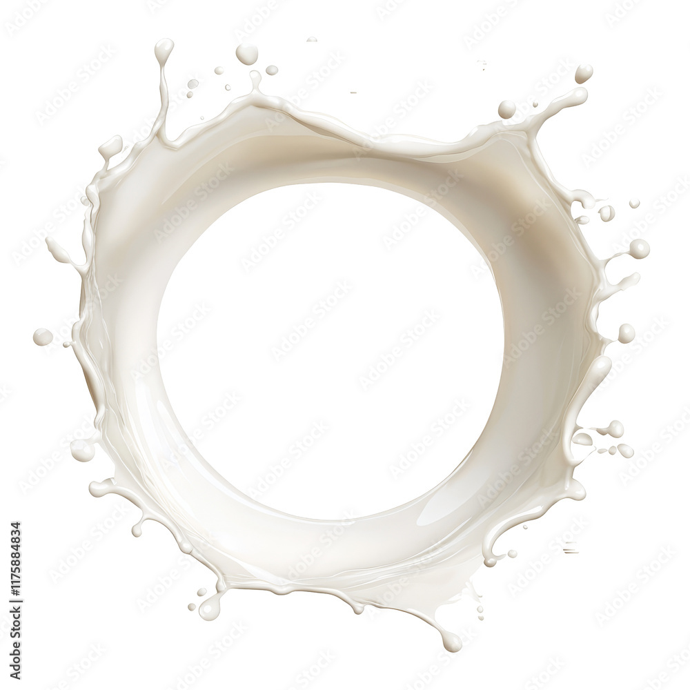 Poster a circular milk splash isolated on a transparent background, capturing the dynamic moment of liquid 