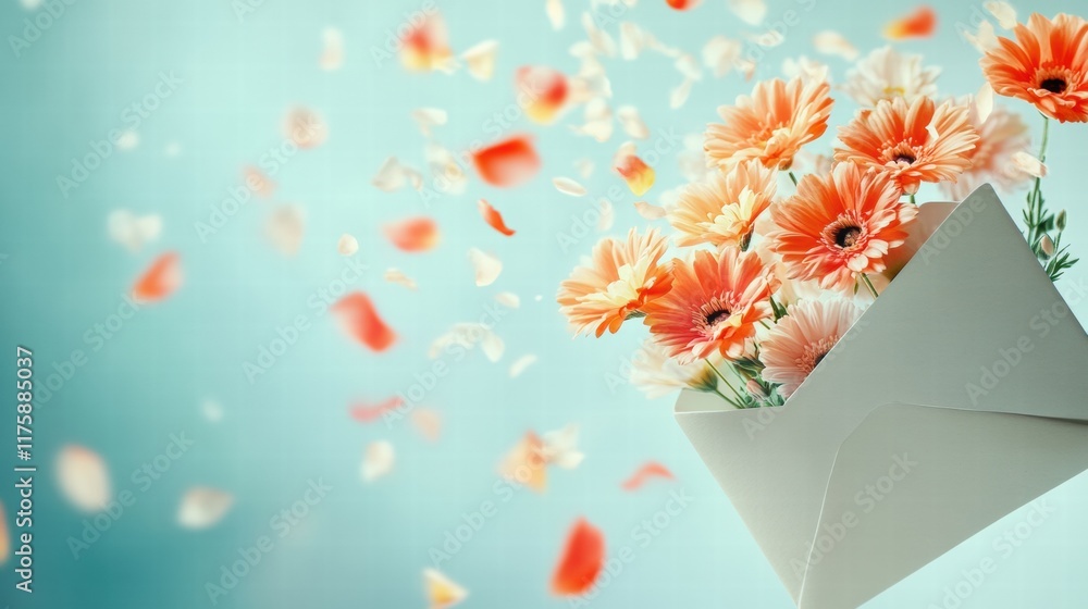 Poster colorful flowers emerging from an envelope with scattered petals creating a cheerful and vibrant atm
