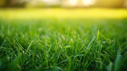 Fototapeta premium Close-up of vibrant green grass illuminated by sunlight.