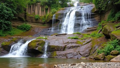 Obraz premium Lush Forest Waterfall Cascading Rocks, Nature Scene