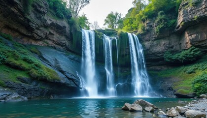 Naklejka premium Waterfall cascading into turquoise pool, lush forest backdrop. Possible use Nature stock photo